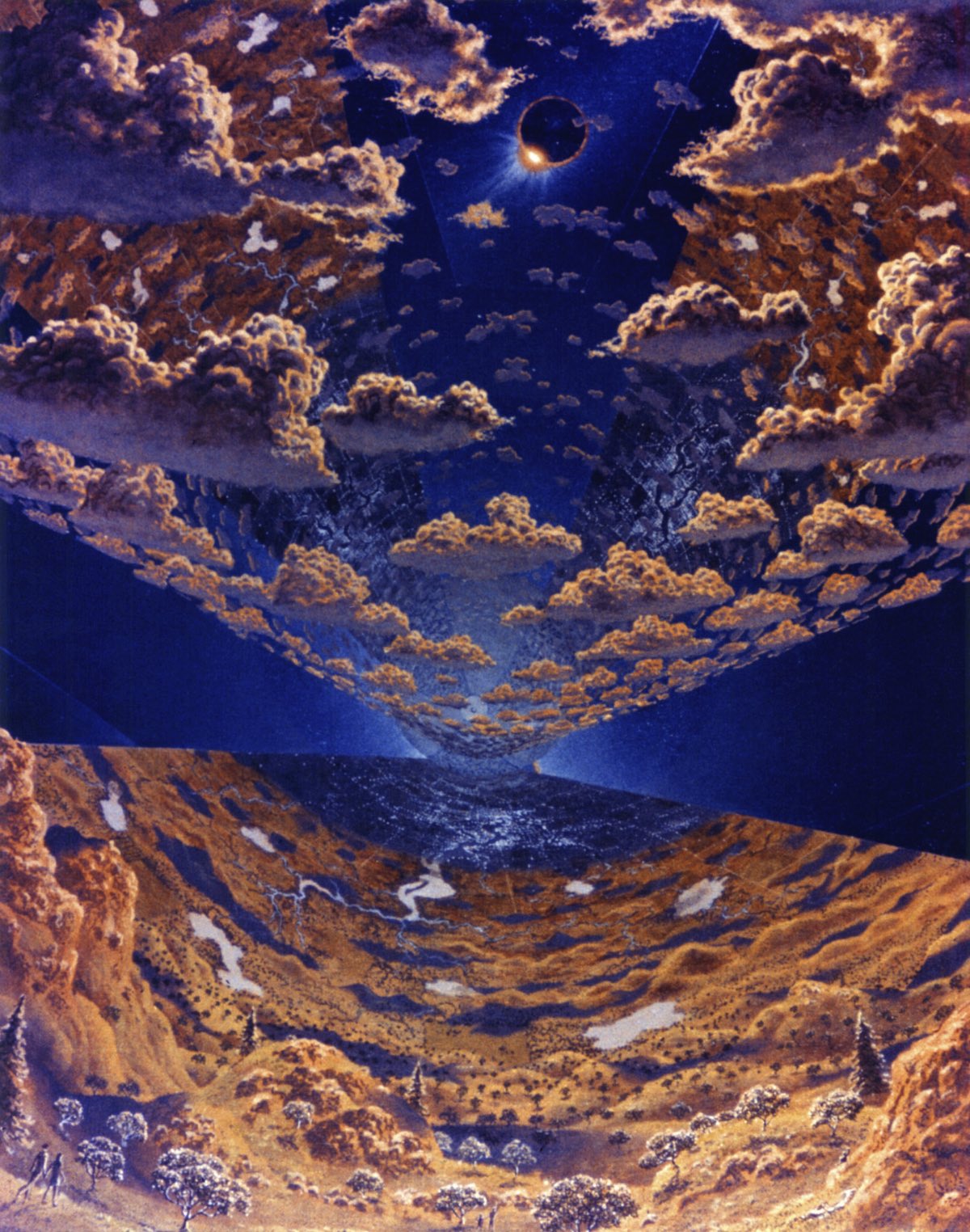 Cylinder Eclipse. Eclipse of the sun with view of clouds and vegetation. Art work: Don Davis. Credit: NASA Ames Research Center. NASA ID AC75-1920