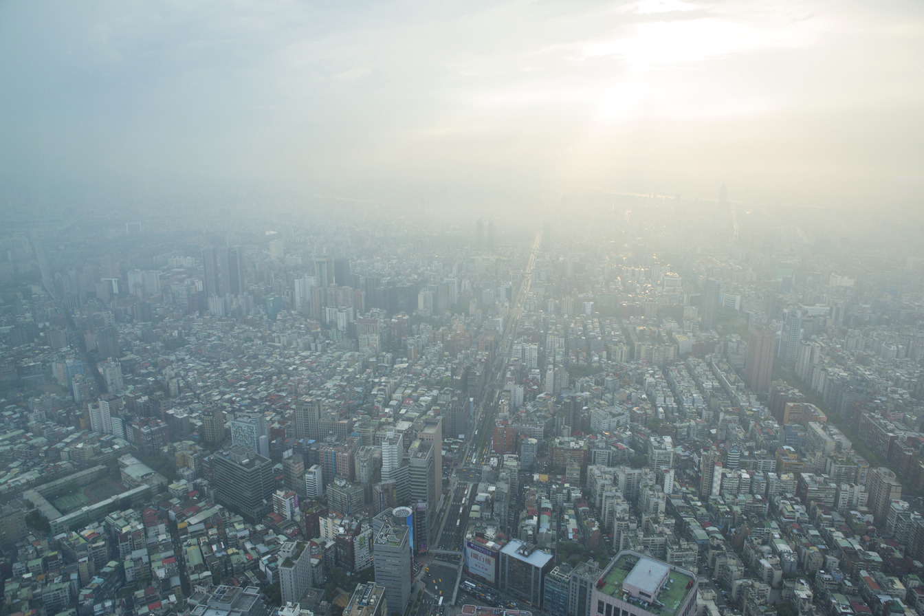Aerial view of city in smog, Taipei, Taiwan, China